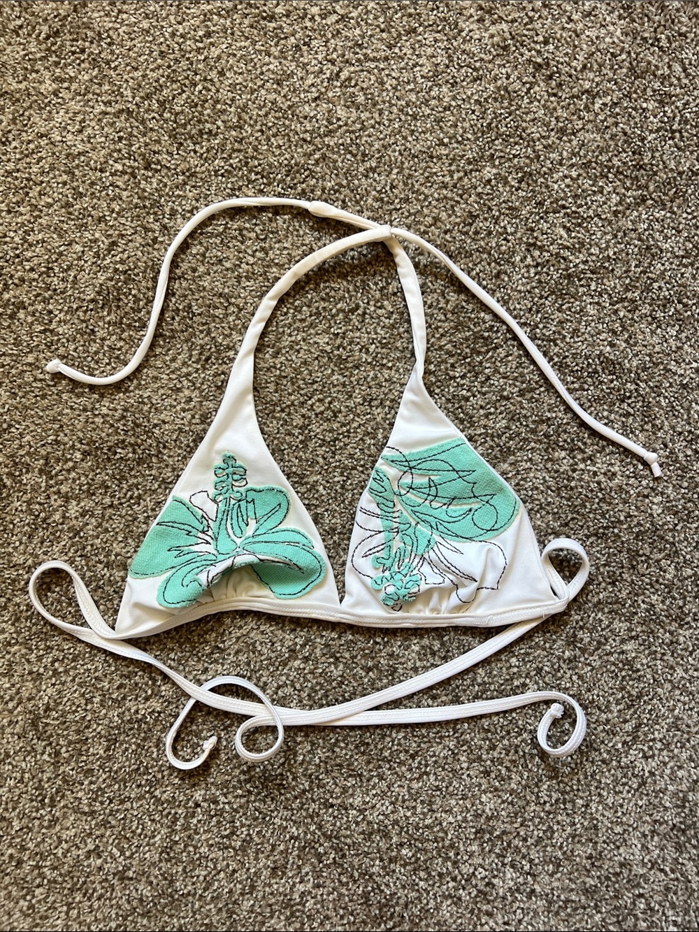 Wet Seal White Triangle Bikini Top with Mint Green Floral Appliqué